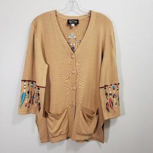 Bob Mackie wearable art embroidered feather graphic button front cardigan size L